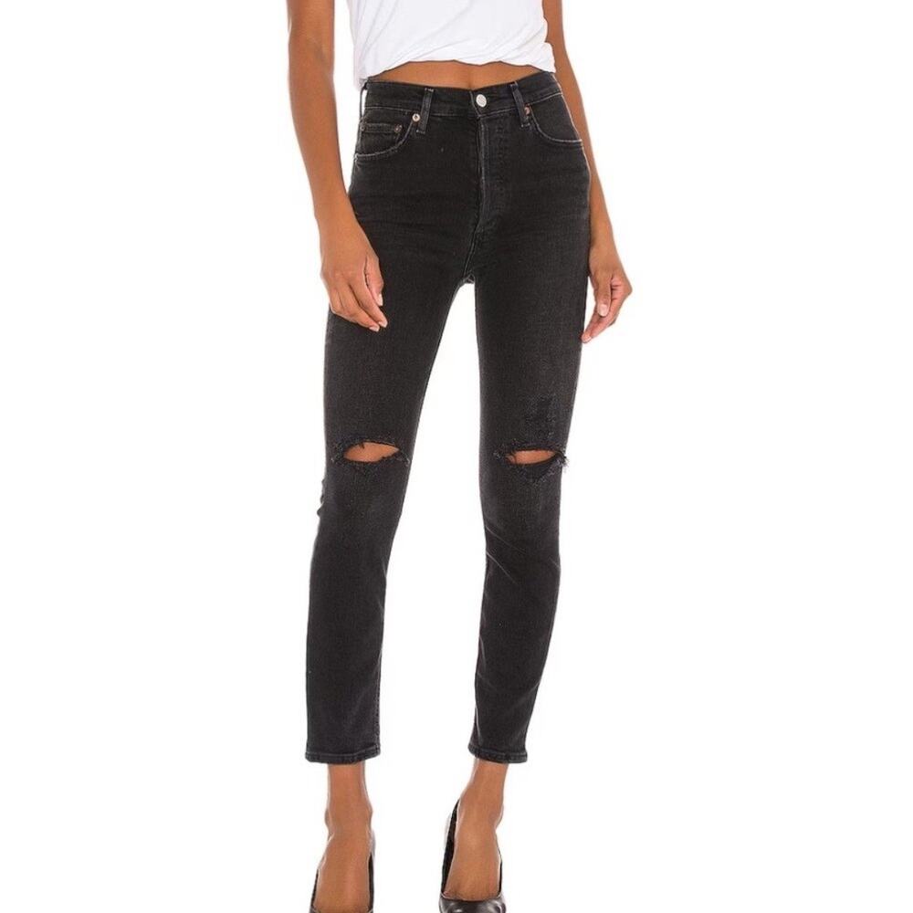 AGOLDE Black Denim Nico High Rise Distressed Crop Jeans Sz 26